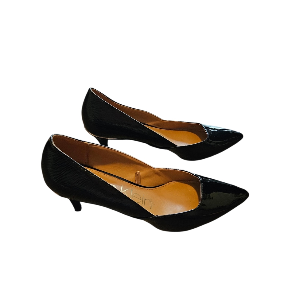 Calvin Klein Patna Black Patent Pointed-Toe Kitten Heel Pumps Size 9